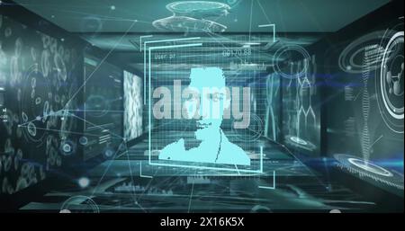 Image of data processing with people portraits and network of connections on black background Stock Photo