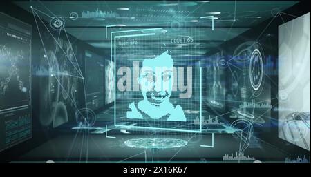 Image of data processing with people portraits and network of connections on black background Stock Photo