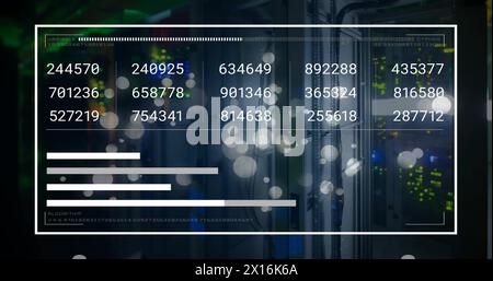 Image of data processing and light spots over server room on black background Stock Photo