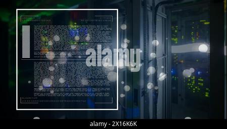 Image of data processing and light spots over server room on black background Stock Photo