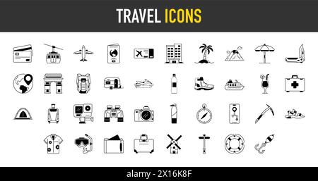 Travel icon set. Summer vacations and holiday symbol vector illustration. Collection of traveling and tourism elements. Stock Vector