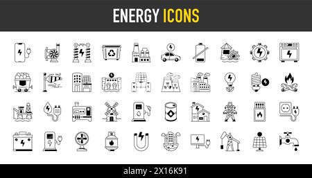 Set of green energy icons. Icons for renewable energy, green technology. Design elements for you projects. Vector illustration Stock Vector