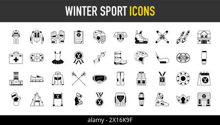 Winter vacation related pixel perfect icons set with different seasonal rest and holidays accessories and elements. Vector illustration. Stock Vector