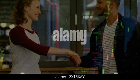 Image of digital interface and financial data processing over business people Stock Photo