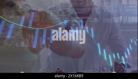 Image of digital interface and financial data processing over business people Stock Photo