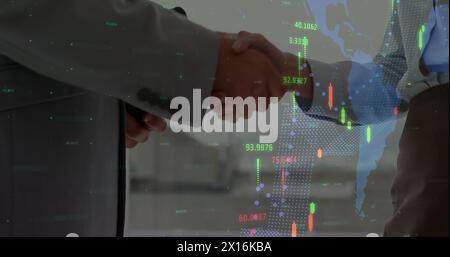 Image of digital interface and financial data processing over business people Stock Photo