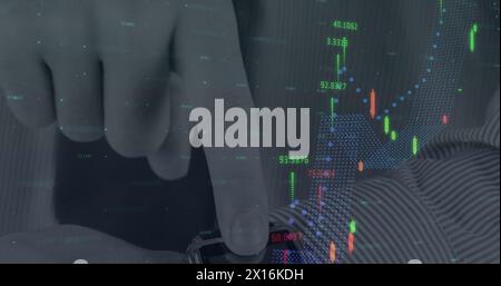 Image of financial data processing over hand Stock Photo