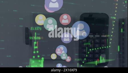 Image of financial data processing and icons over calculator on desk Stock Photo
