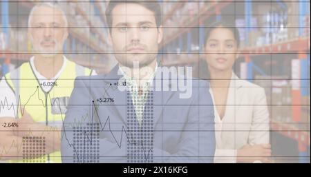 Image of statistics and data processing over businessman handshake Stock Photo