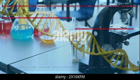 Image of dna strand over lab Stock Photo