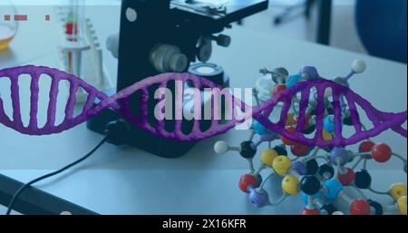 Image of dna strand over lab Stock Photo