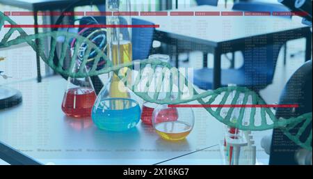 Image of dna strand over lab Stock Photo