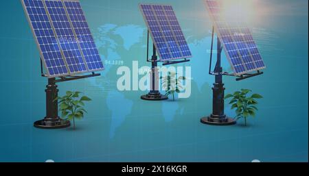 Image of solar panels over world map and numbers Stock Photo