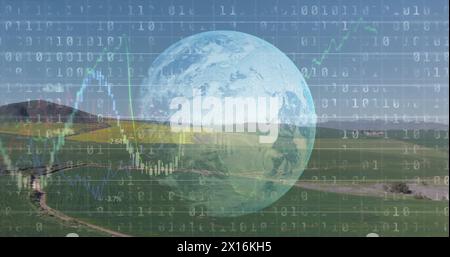 Image of financial data processing binary coding over earth and countryside Stock Photo