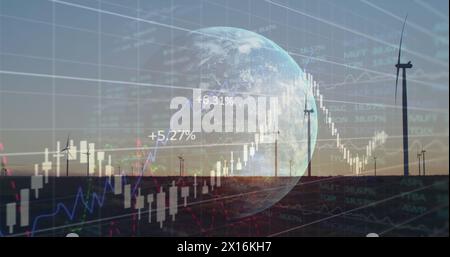 Image of financial data processing over earth and wind turbines Stock Photo
