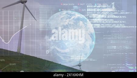 Image of financial data processing over earth and wind turbine Stock Photo