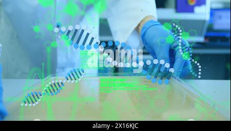 Image of dna strand over scientist Stock Photo