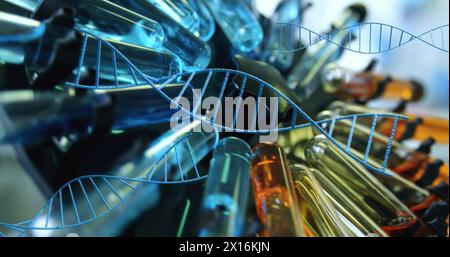 Multiple dna structures spinning against multiple test tubes in centrifuge spinning at laboratory Stock Photo