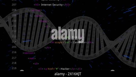 Image of dna strand over data processing Stock Photo