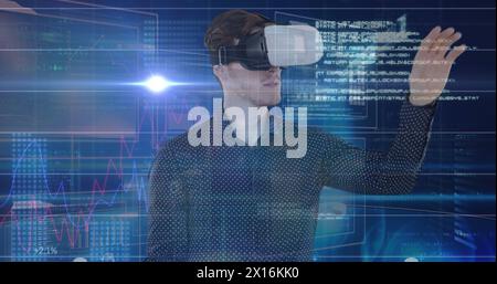 Image of caucasian businessman in vr headset using touchscreen with diverse data Stock Photo