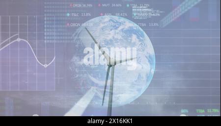 Image of financial data processing over earth and wind turbine Stock Photo