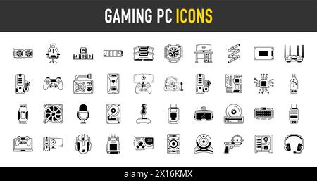 Simple Set of Gaming PC Vector Icons. Contains such Icons as Case, Graphic Card , SSD, Computer, Motherboard and more. Stock Vector