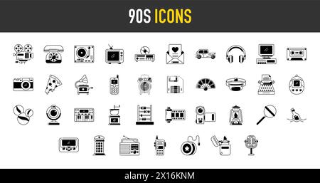 Set of retro 90s vector icons. Such as pizza, television, cellphone, headphone, alarm, radio, microphone, camera and more icon illustration. Stock Vector