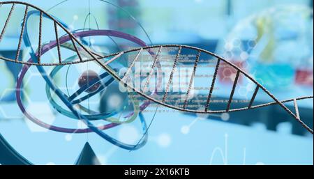 Image of dna strand over lab Stock Photo