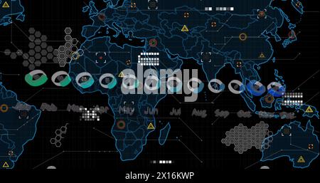 Image of graphs, world map and icons on black background Stock Photo