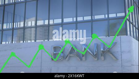 Digital image of statistical data processing against bank building Stock Photo