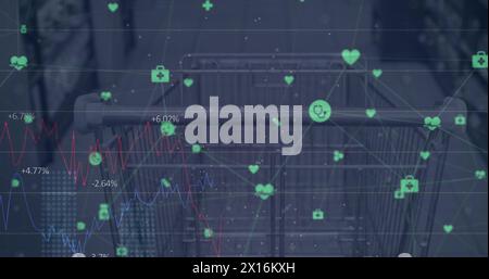 Network of medical icons and statistical data processing against a shopping cart at supermarket Stock Photo