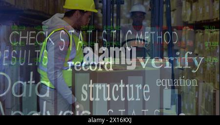 Image of business concept texts over caucasian male worker stacking delivery boxes on forklift Stock Photo