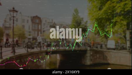 Image of financial graphs and data over cityscape Stock Photo