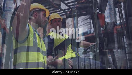Image of data processing over two caucasian male workers checking stock at warehouse Stock Photo