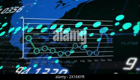 Image of financial graphs and data over world map on black background Stock Photo