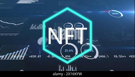 Image of data processing and nft text over blue background Stock Photo