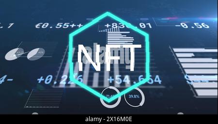 Image of data processing and nft text over blue background Stock Photo