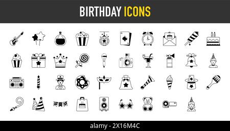 Happy Birthday Party icon set. Included the icons as celebration, anniversary, party, congratulation, cake, gift, decoration and more. Stock Vector
