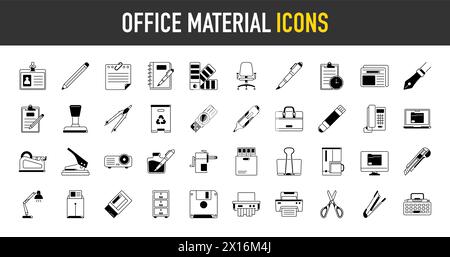 Office Material icons. glue, notebook, material, pen, scissors, stapler, ruler, eraser. Office tools and equipment vector set for education. Stock Vector