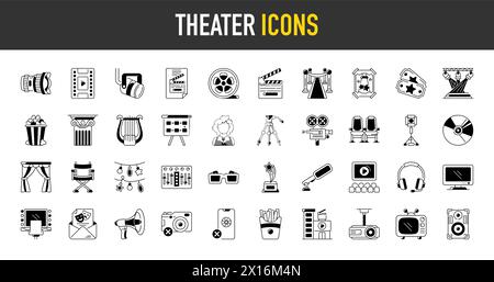 Theater icons set vector illustration. Contains such icon as cinema, film, movie, tv, video and more. Stock Vector
