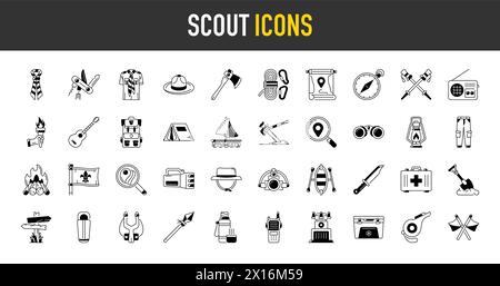 set of scout icons. Solid icons such as tent, shore, beanie, life vest, map, camping and more Stock Vector