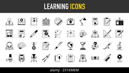 Learning set of web icons in solid style. Education icons for web and mobile app. E-learning, video tutorial, knowledge, study, school, university. Stock Vector