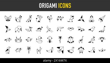 Origami Folded Paper Animals Shapes. Bird, Crane, Cat, Dog, Rhino, Fox, Mouse, Elephant. Flat Icon Illustration Set Collection Stock Vector