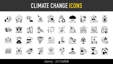 Climate change icon set. Containing global warming, greenhouse, melting ice, earth pollution and disaster icons. Solid icon set. Stock Vector