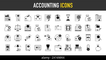Set of icon related to accounting income, salary, money, bank, brief case, stamp, xerox machine, business. Icon collection. Vector illustration Stock Vector