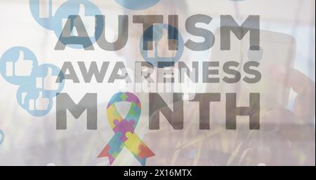 Image of autism awareness month text over media icons Stock Photo