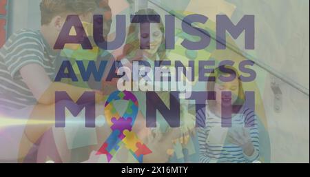 Image of autism awareness month text over diverse schoolchildren Stock Photo