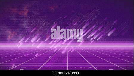 Digital image of graphical displays falling over grid pattern against violet background Stock Photo