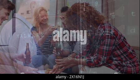 Image of data moving over happy diverse male and female business colleagues in office Stock Photo