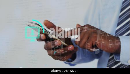 Image of telecommunication icons and skyscrapers with african american businessman using phone Stock Photo